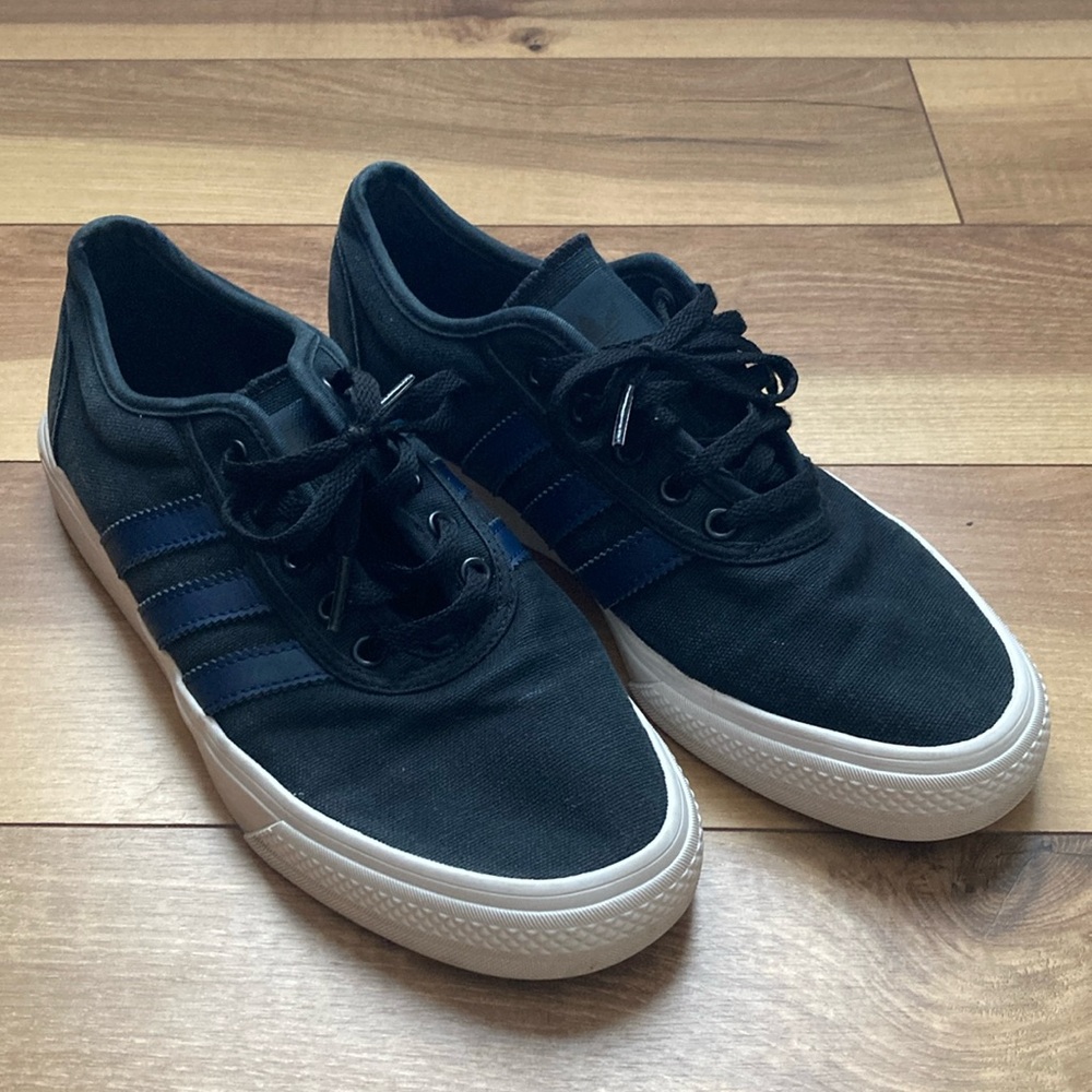 Adidas Black Canvas Blue Stripe Skate Shoes.